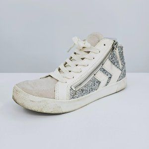 Dolce Vita Zuri Mid Top Sneakers 8.5 White Leather Silver Glitter Side Zip Laces